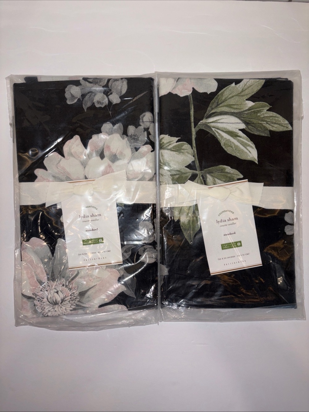 Pottery Barn Lydia BLACK & PINK GREEN FLORAL (pair) STANDARD PILLOW SHAMS 20X26